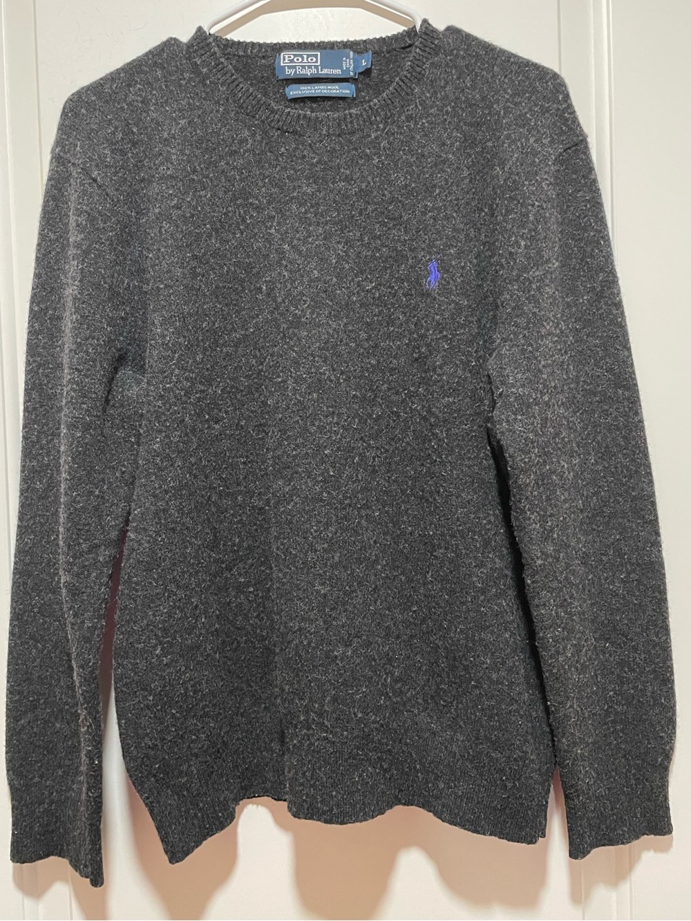 Polo Ralph Lauren 100% Lambs Wool Men’s Charcoal Crewneck Sweater Blue Pony Sz L
